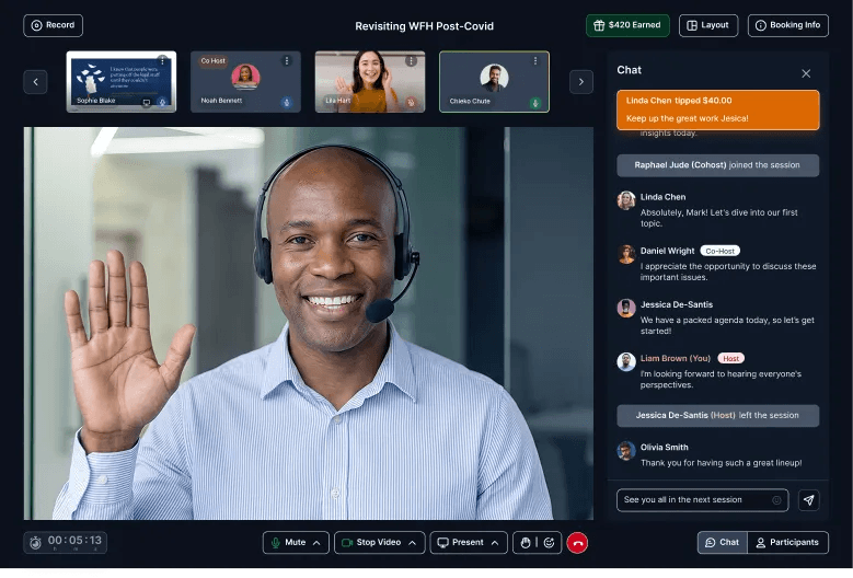 Fireside Chat session built for hosts—live video, audience, and engagement