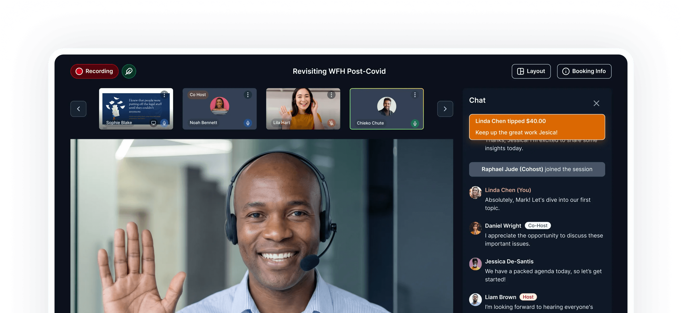 Fireside Chat session with video, participants, and live chat