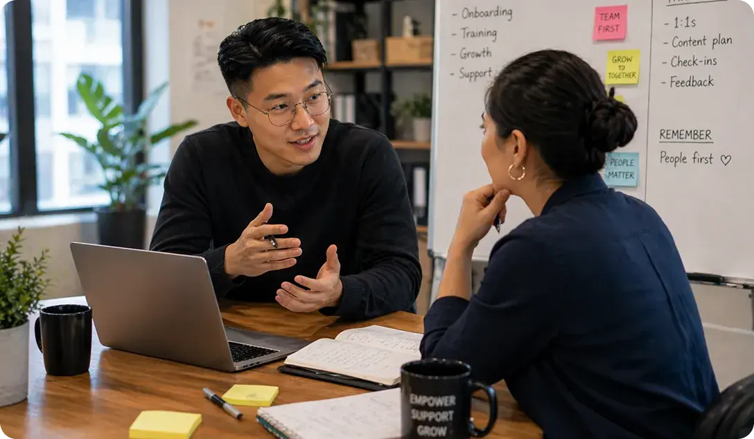 Two people in an intro session at a table with a laptop