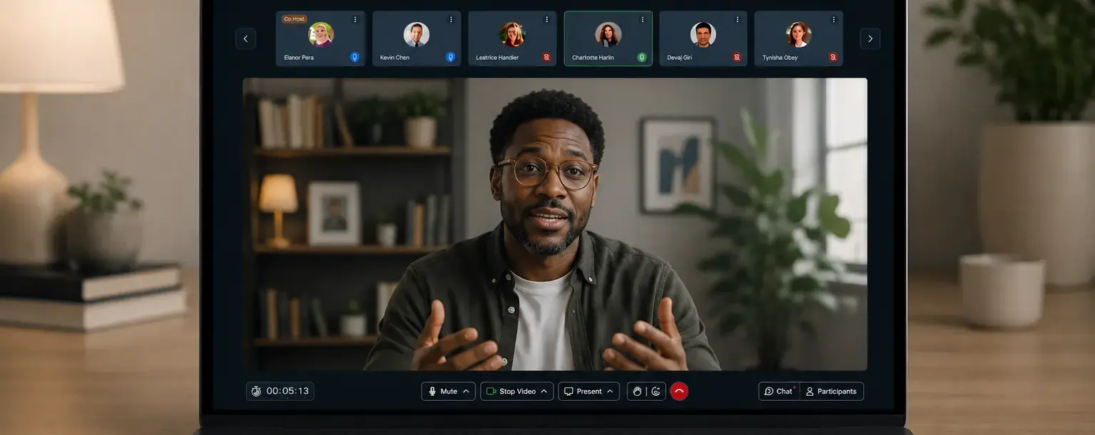 A host on a live Fireside Chat with a panel of attendees