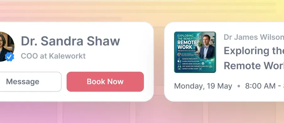 Product UI showing expert profile and booking options