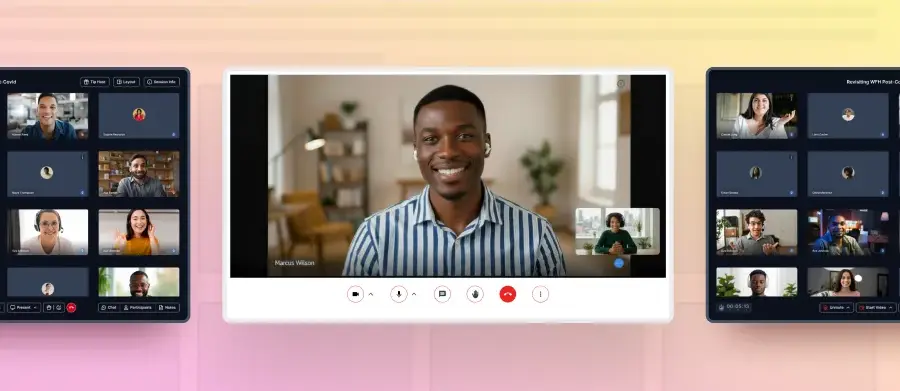 Product UI showing a video session with multiple participants