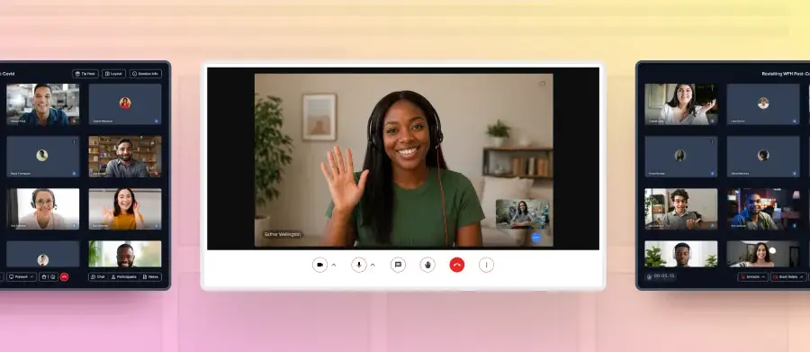 Product UI showing a video session with multiple participants