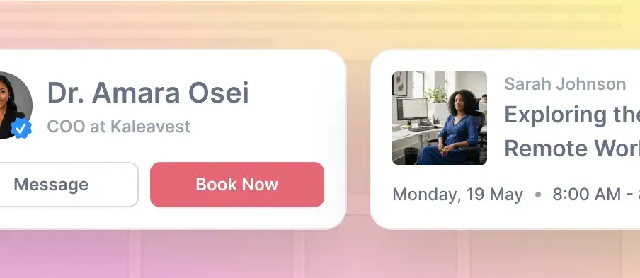 Product UI showing expert profile and booking options