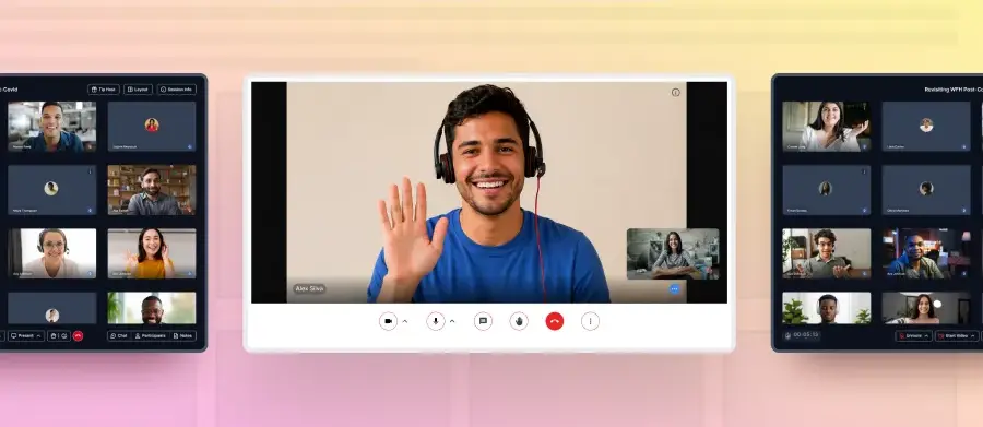 Product UI showing a video session with multiple participants