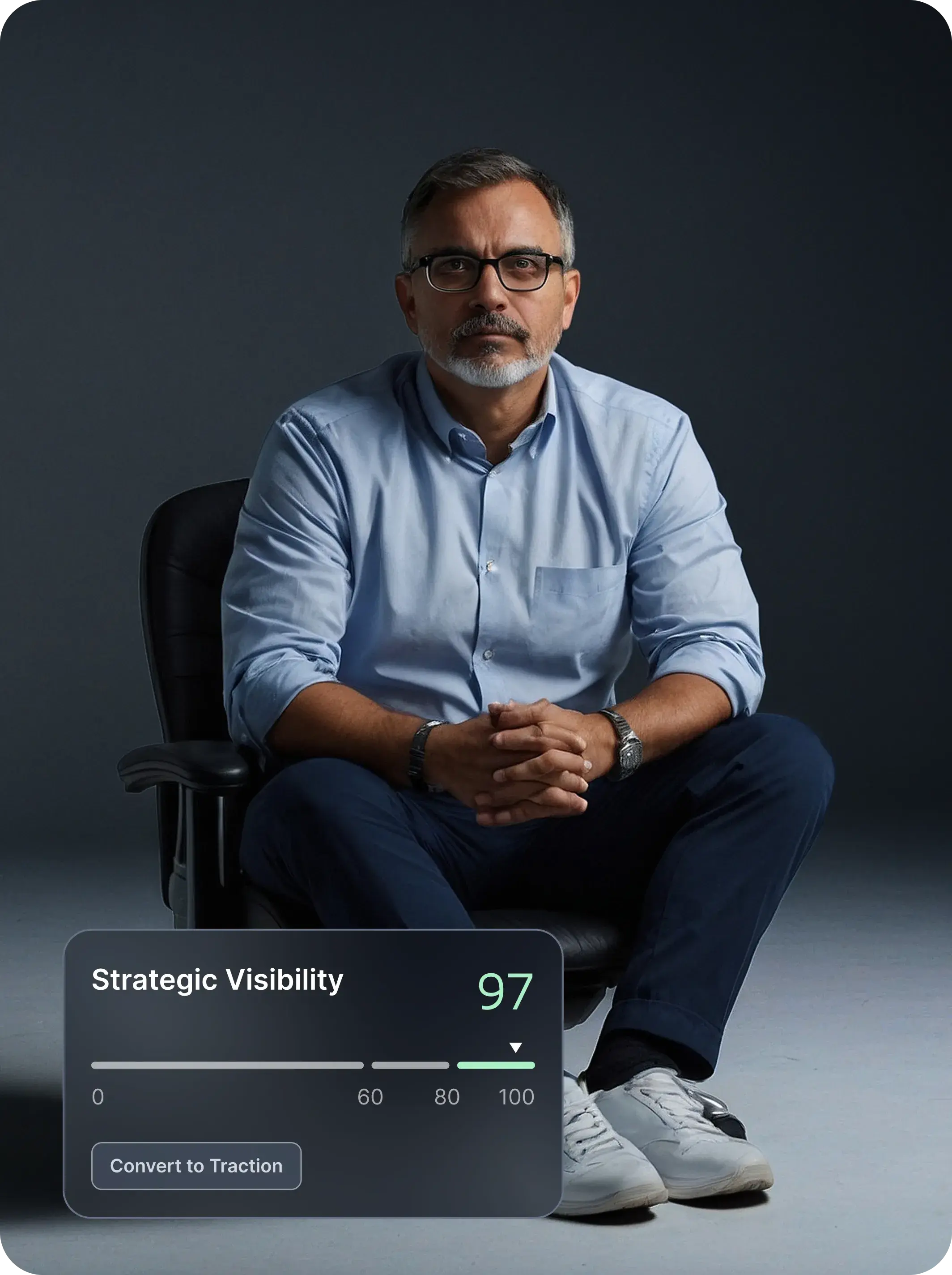 Professional sitting in office chair with strategic visibility score
